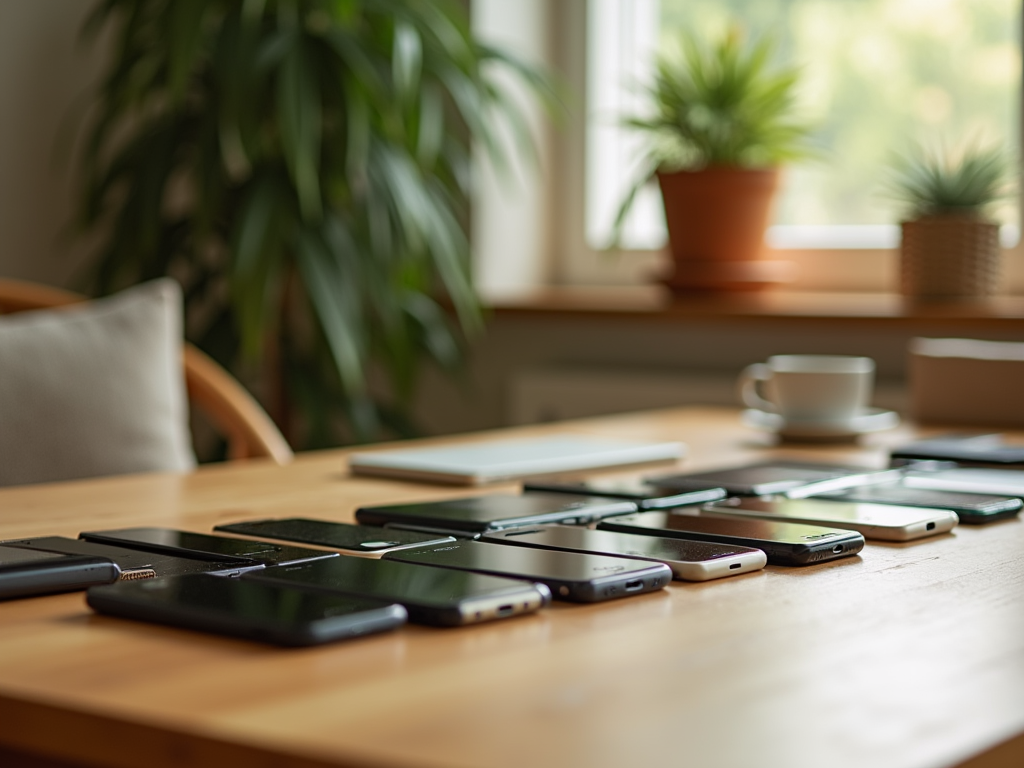 Various smartphones and a laptop on a wooden table, surrounded by indoor plants and a cup of coffee.