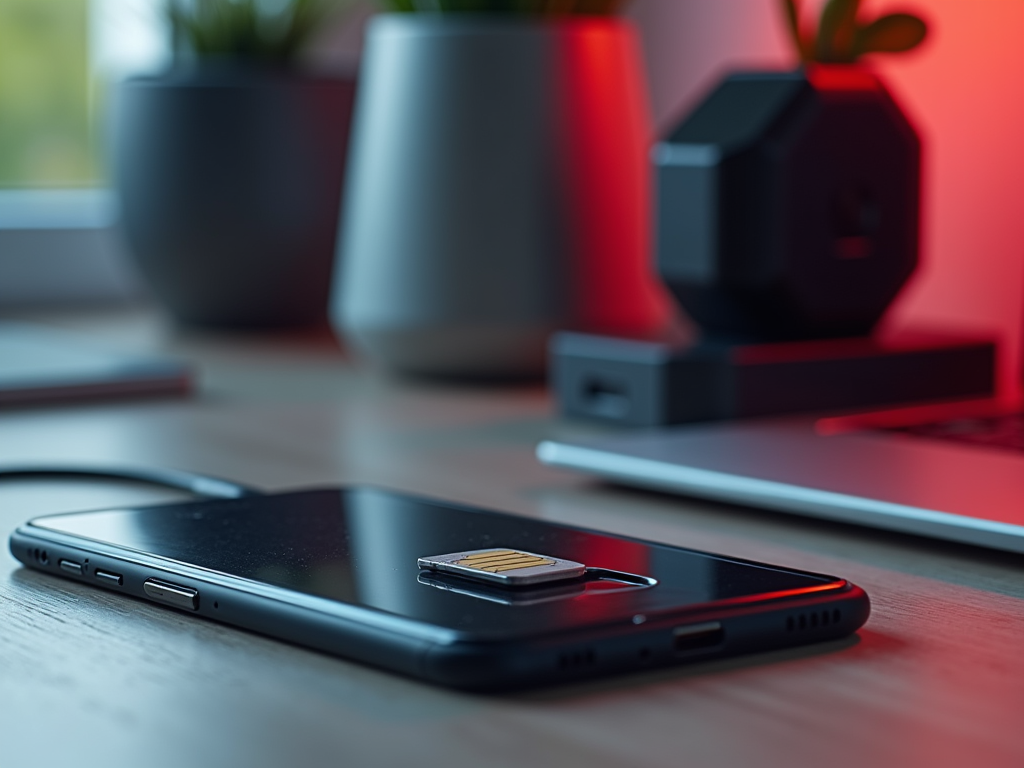 SIM card placed on a smartphone on a wooden desk, with blurred plants and a laptop in the background.