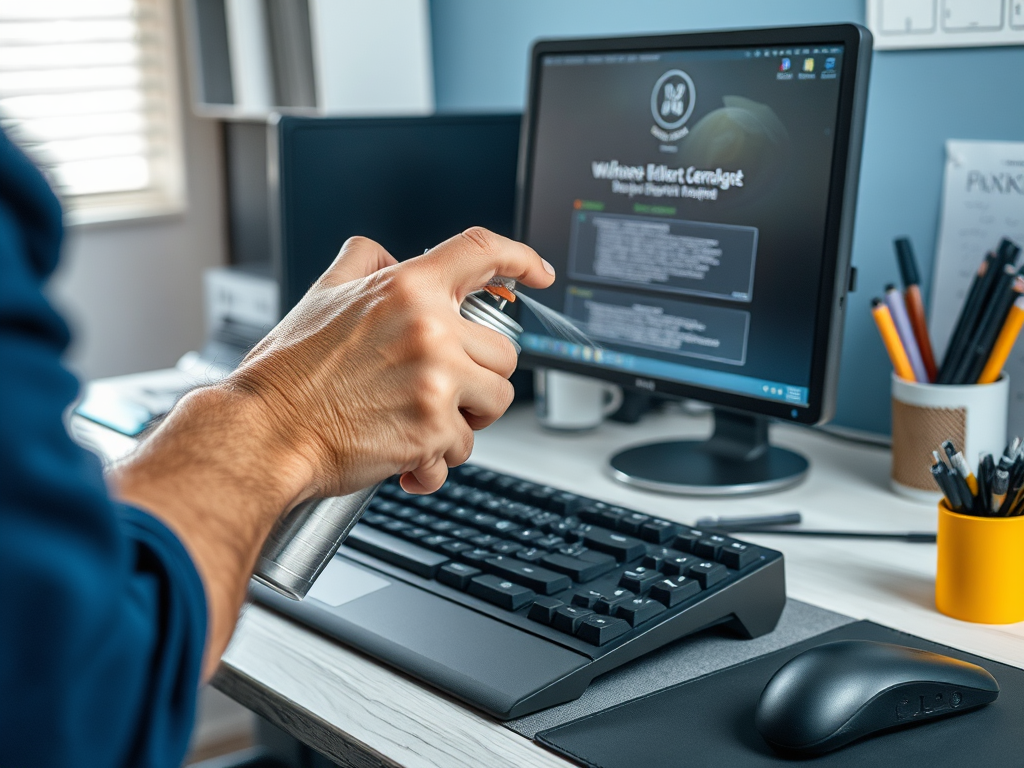 A person using a compressed air canister to clean a computer keyboard at a desk with a computer monitor.