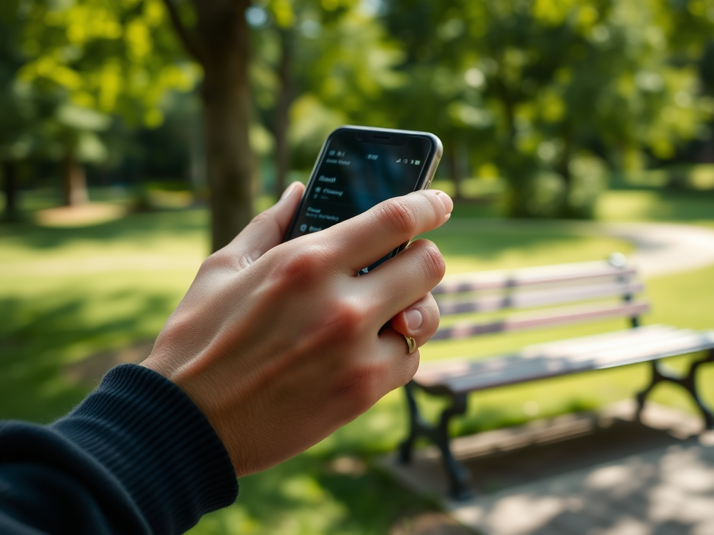 A person's hand holds a smartphone in a park, with lush greenery and a bench visible in the background.