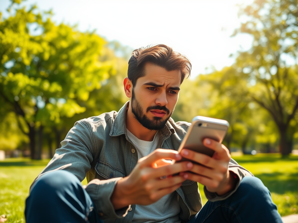 A young man sits on the grass, focused on his smartphone, surrounded by trees in a sunny outdoor setting.