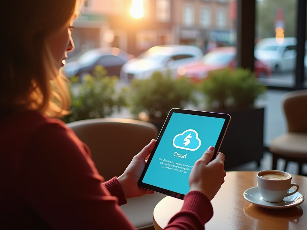 Woman using a tablet displaying a cloud storage logo, sitting at a café table near the window during sunset.